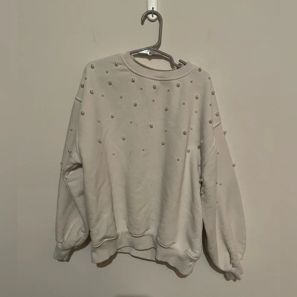 Zara White Sweatshirt SZ 8-9 Pearl Detail Long Sleeve Cottagecore Casual girls